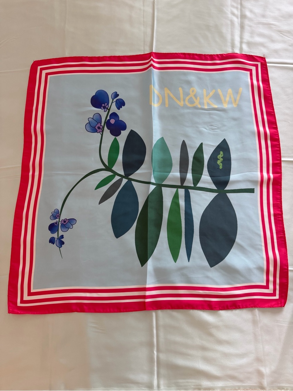 DN&KW Floral Graphic Silk Scarf in Light Blue + Pink